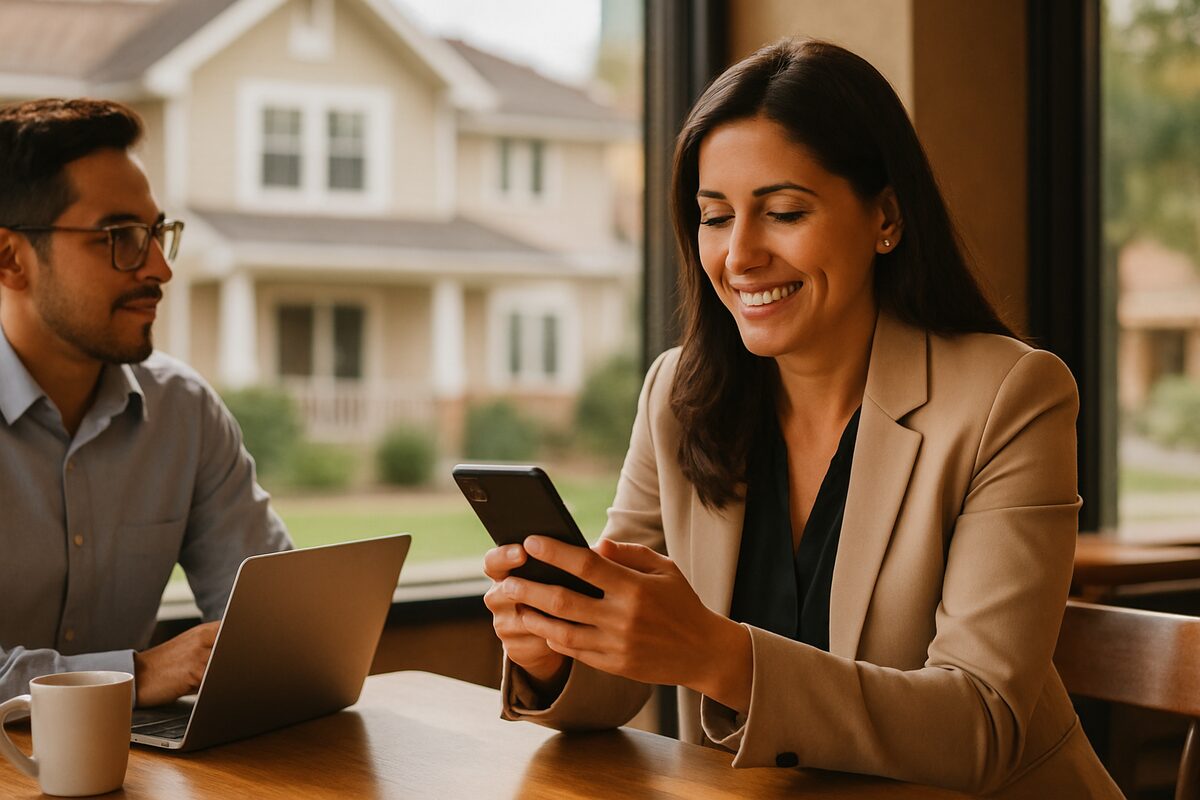 Asesora inmobiliaria conversando con Charlie en su teléfono