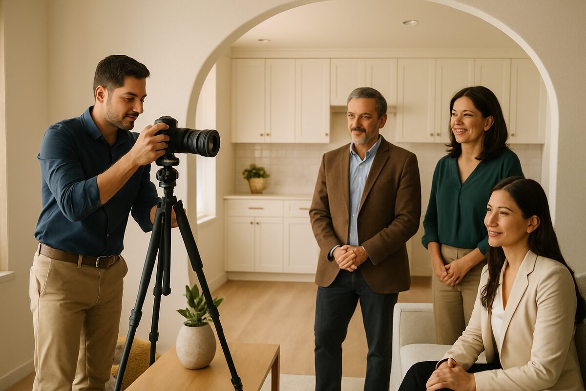 Fotógrafo inmobiliario con cámara en tripié en una sala