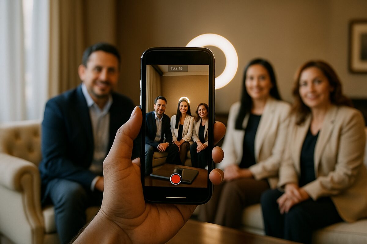 Teléfono grabando un video de una sala para redes sociales