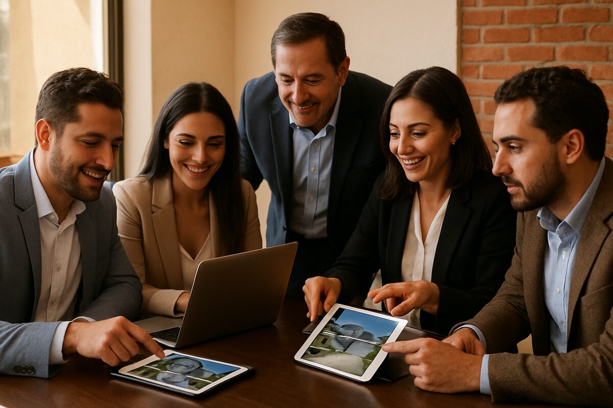 Equipo de brokers colaborando con laptops
