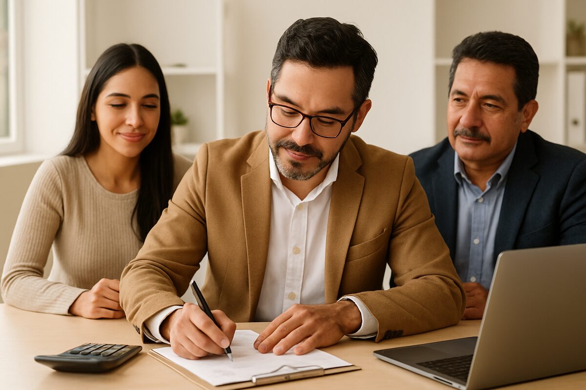 Asesor firmando documentos con calculadora y laptop