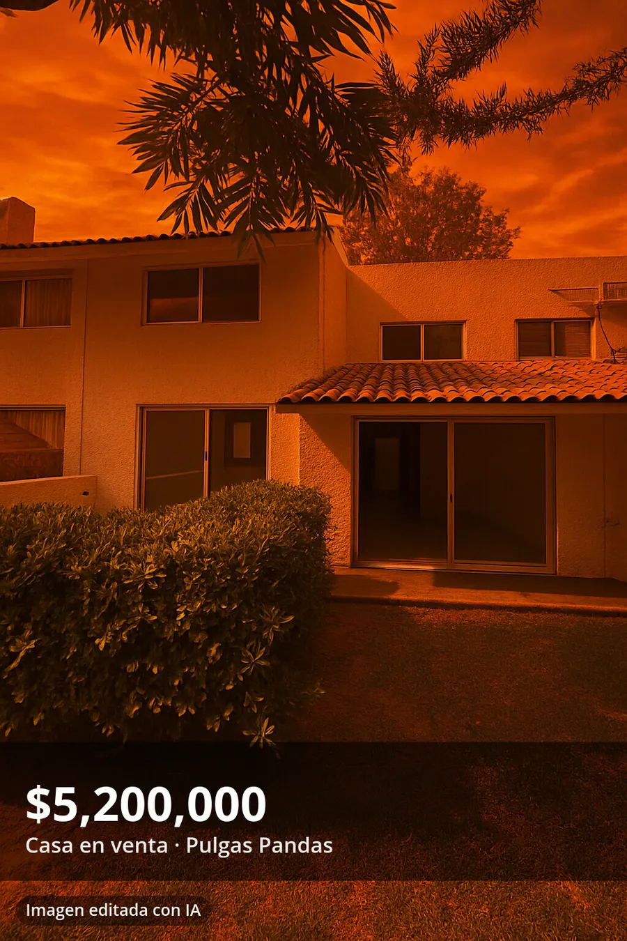 Fachada con cielo de atardecer y precio, editada con Charlie